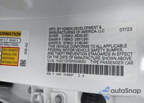 2023 Honda Accord Hybrid Sport from USA, damaged, VIN 1HGCY2F50PA058300